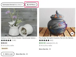 Click Filter Results button on Etsy.com search results
